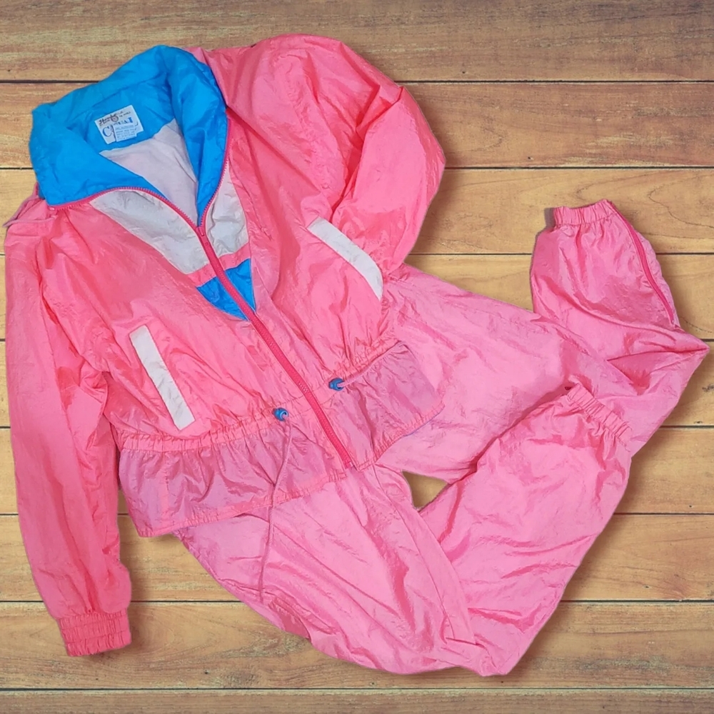 1990s Casual Club Pink Blue White Color Block Windbreaker Set Size Small